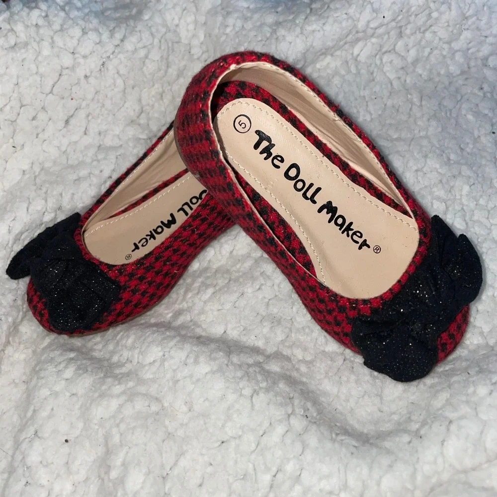 The Doll Maker Girls Red Houndstooth Bow Ballet Flats slip on‎ Shoes bow Size 5
